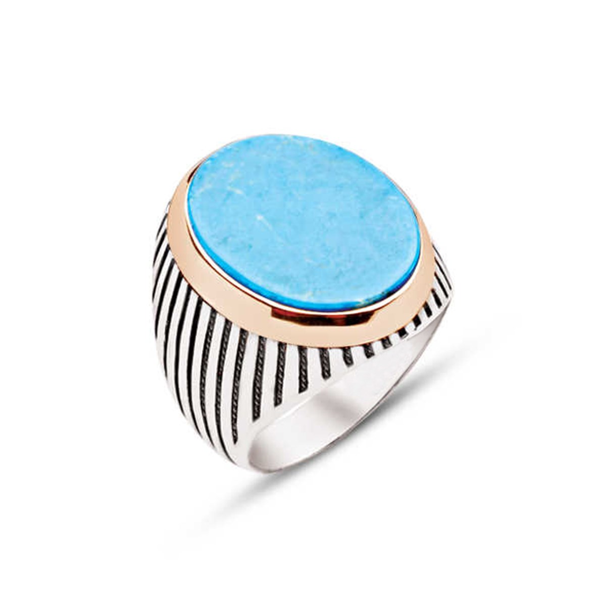 Sterling Silver Turquoise Stone Striped Case Men's Ring