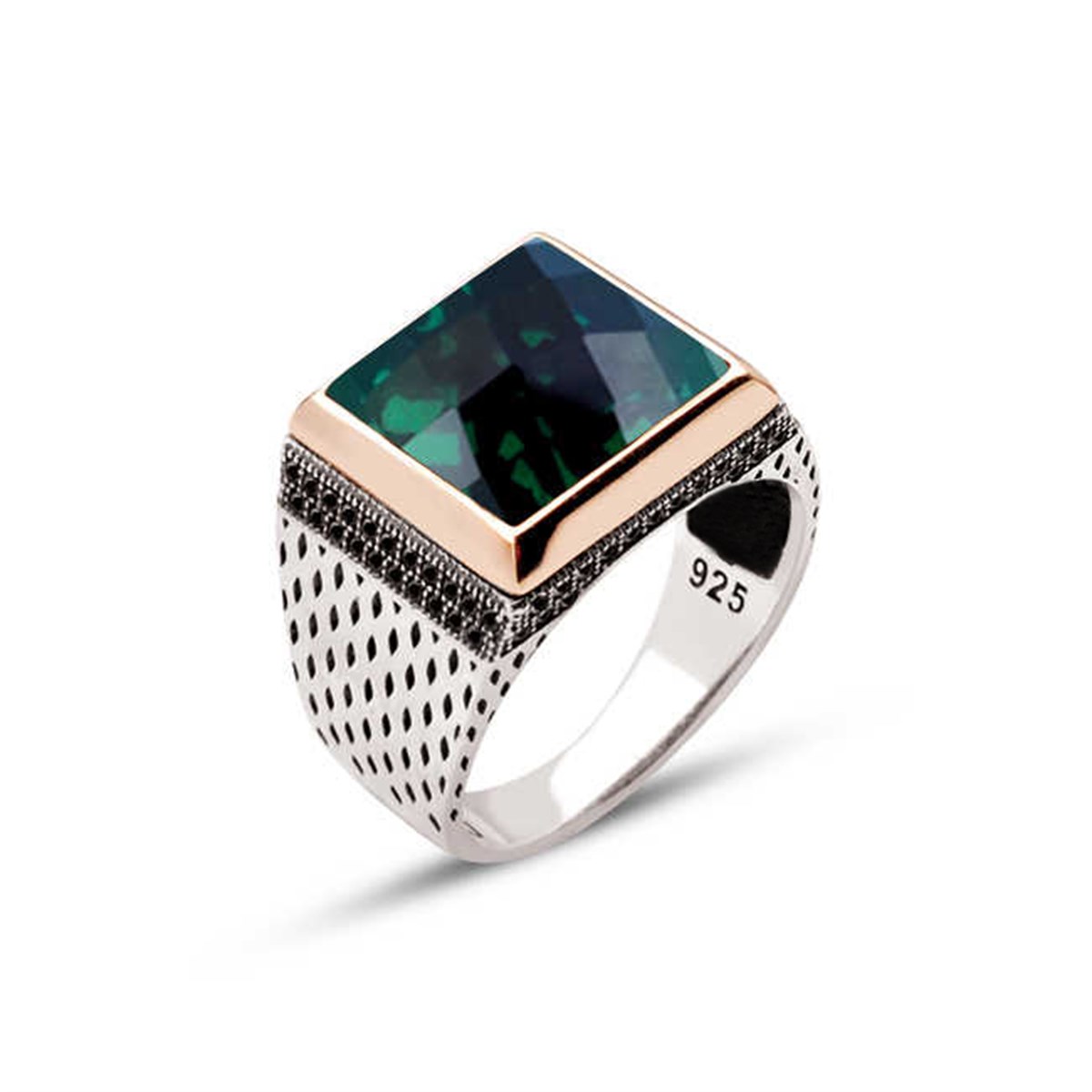 Silver Green Facet Stone Zircon Embellished Square Men's Ring