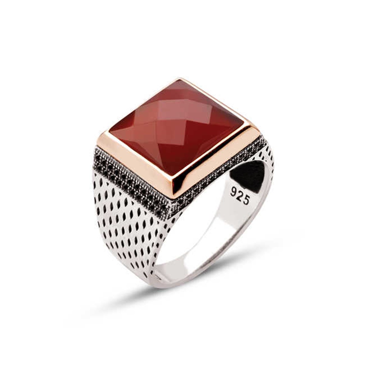 Sterling Silver Agate Facet Stone Zircon Embellished Square Men's Ring