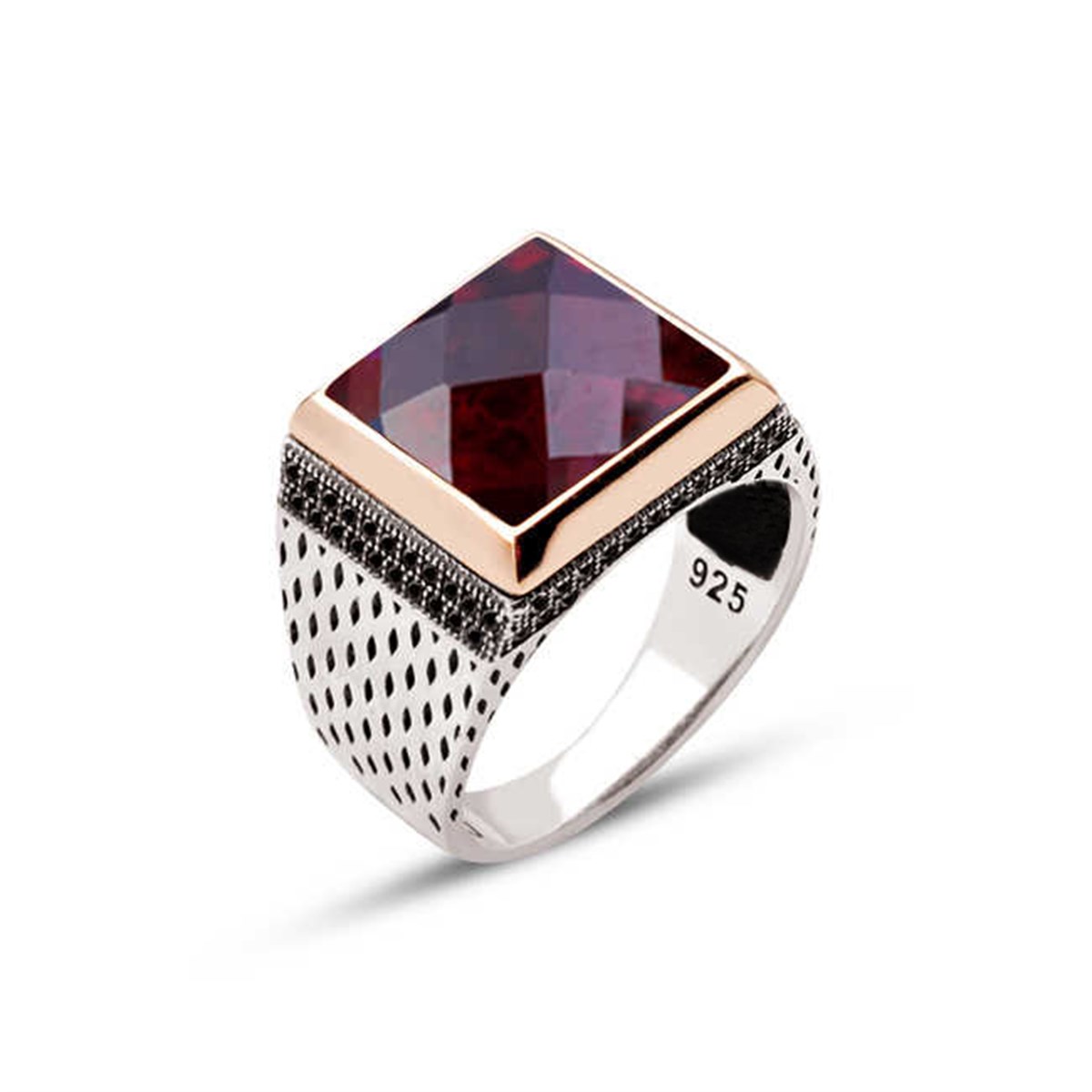 Sterling Silver Amethyst Stone Zircon Embellished Square Men's Ring