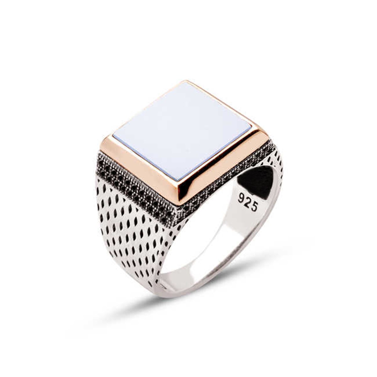 Sterling Silver Pearl Stone Zircon Embellished Square Men's Ring