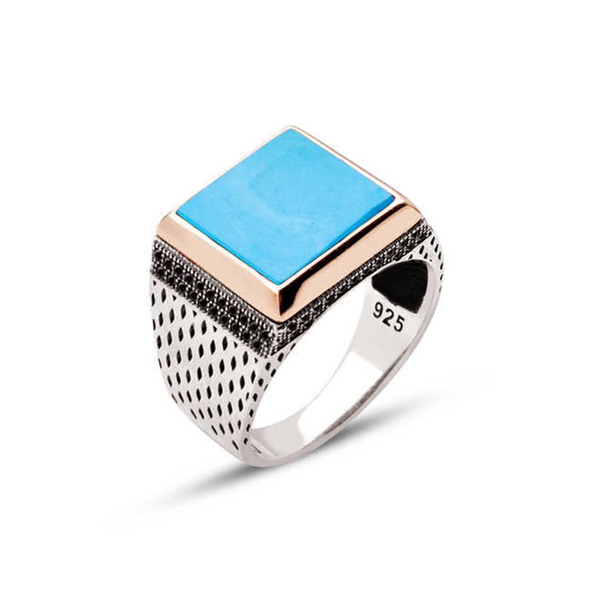 Sterling Silver Turquoise Stone Zircon Embellished Square Men's Ring