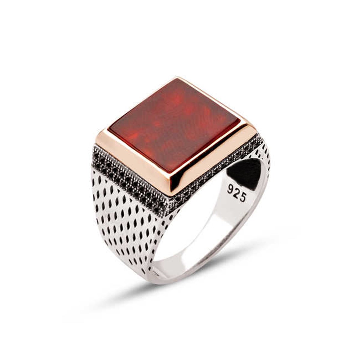 Sterling Silver Agate Stone Zircon Embellished Square Men's Ring