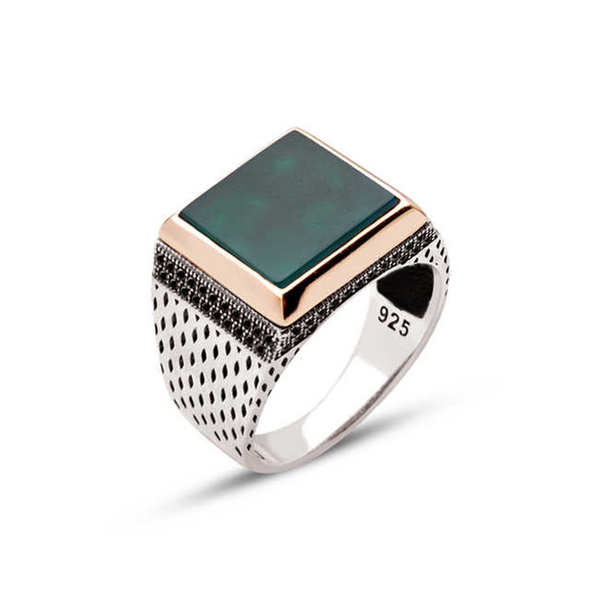 Silver Green Agate Stone Zircon Embellished Square Men's Ring