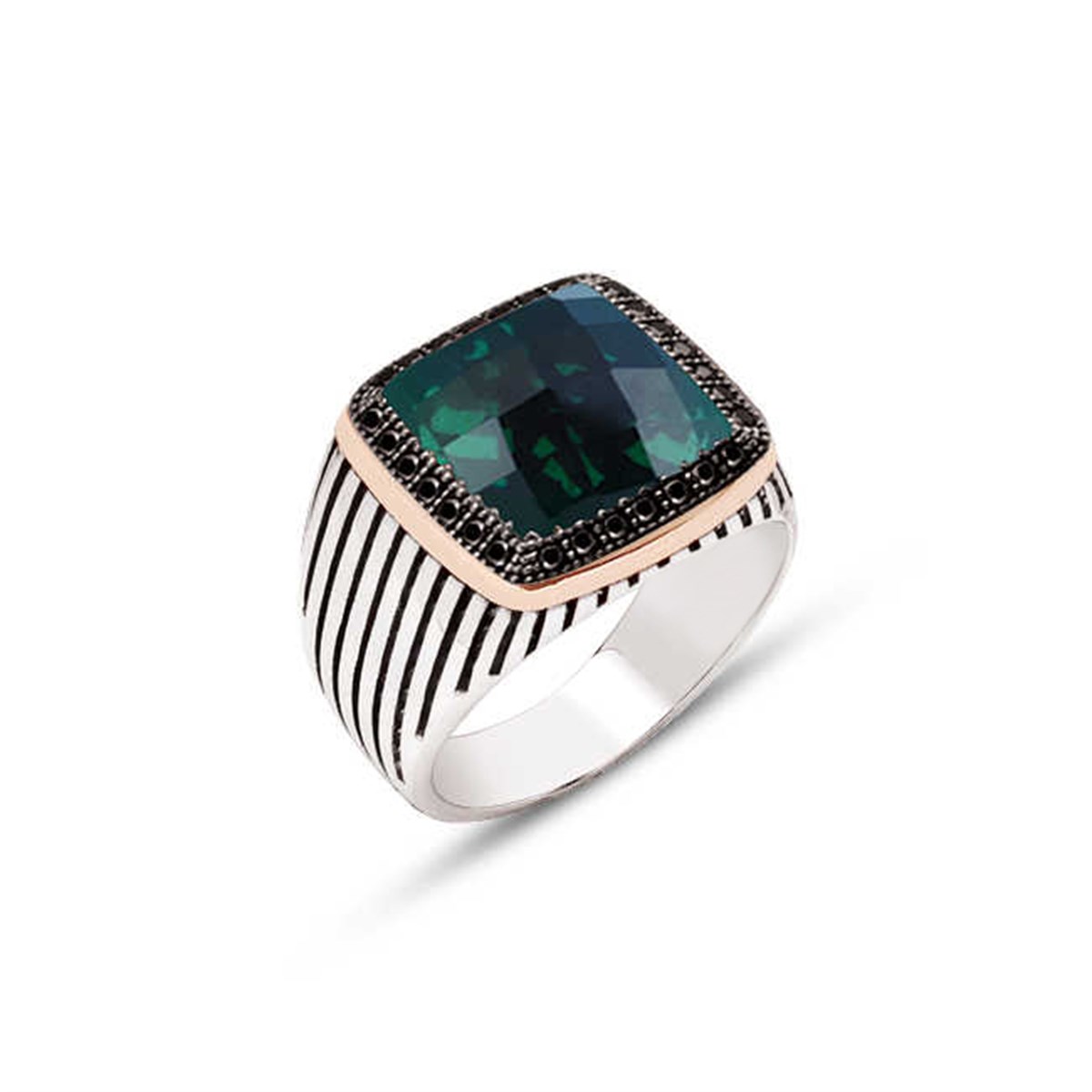 Silver Faceted Green Zircon Stone Embellished Striped Case Men's Ring