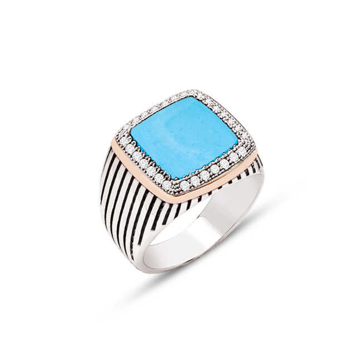 Sterling Silver Squeezed Turquoise Stone Zircon Embellished Striped Case Men's Ring