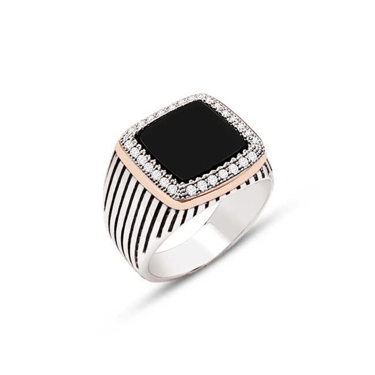 Sterling Silver Onix Stone White Zircon Embellished Striped Case Men's Ring
