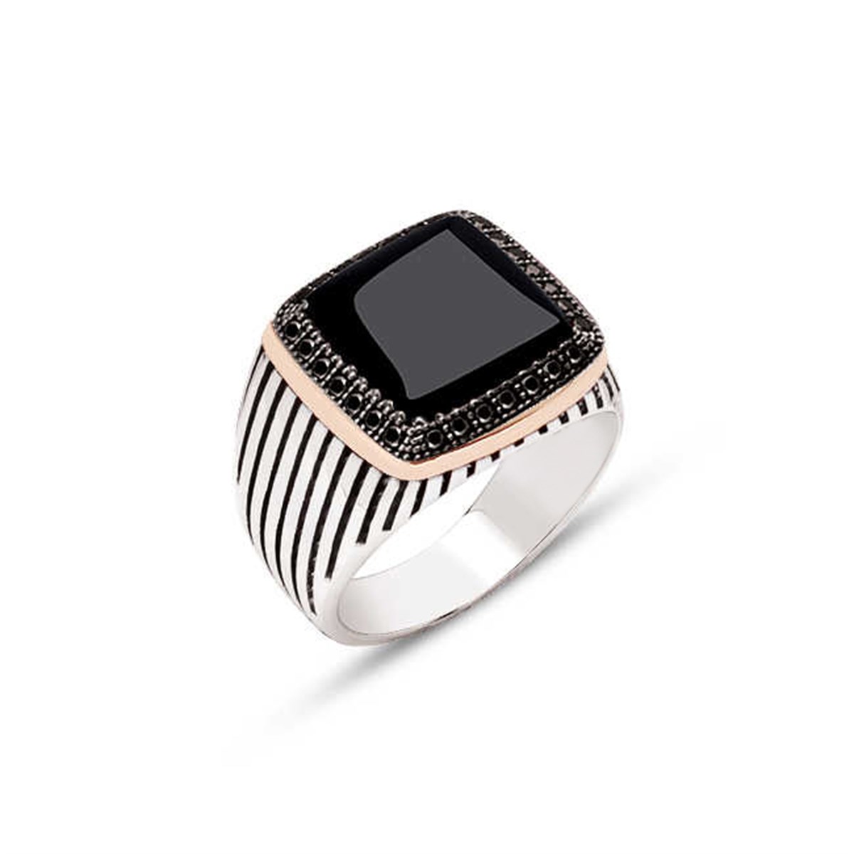 Sterling Silver Onix Stone Striped Case Men's Ring