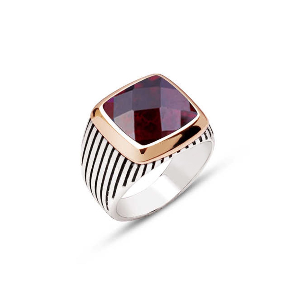 Sterling Silver Faceted Garnet Stone Lined Cased Men's Ring