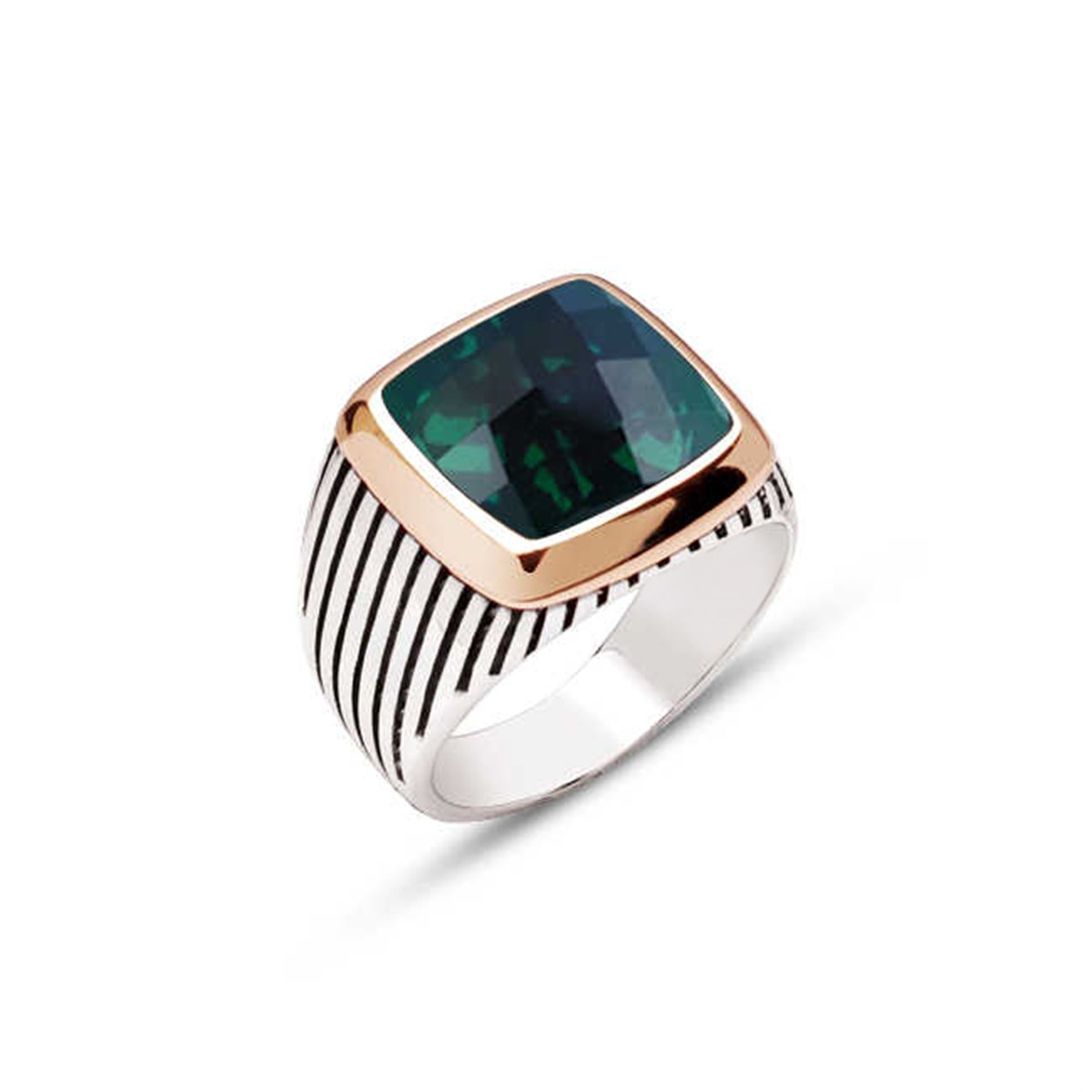 Sterling Silver Faceted Green Zircon Stone Striped Cased Men's Ring
