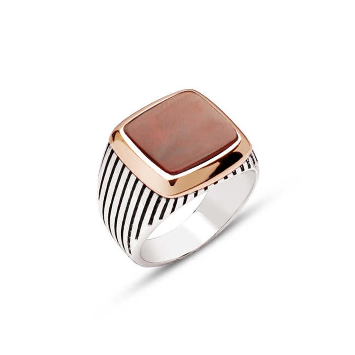 Sterling Silver Agate Stone Striped Cased Men's Ring
