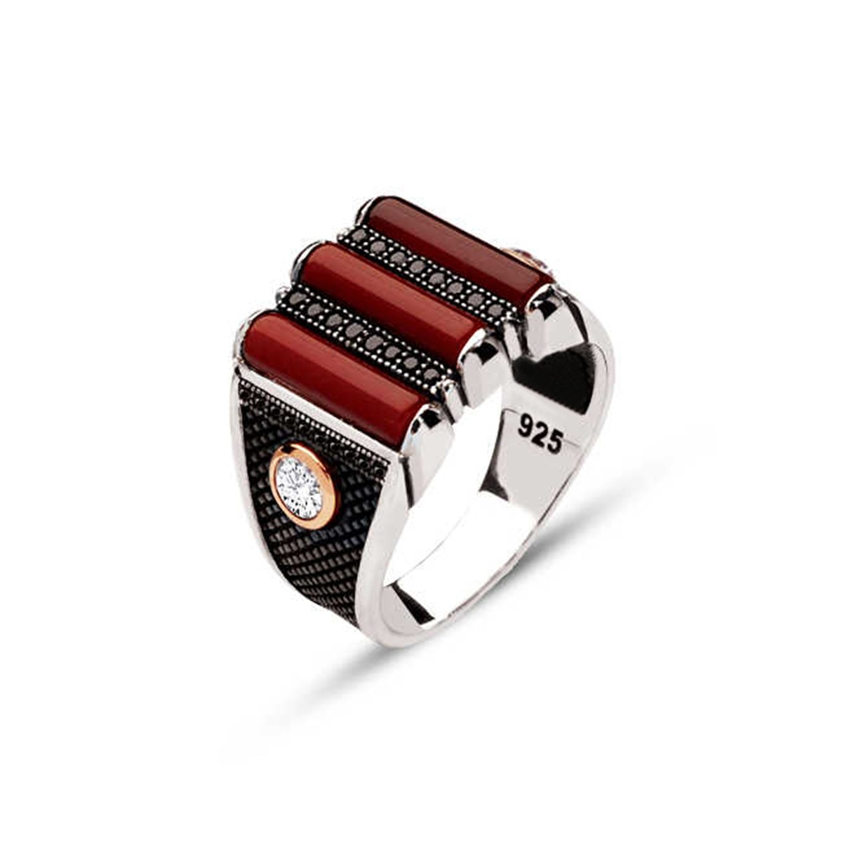 Sterling Silver 3 Piece Agate Stone Men's Ring