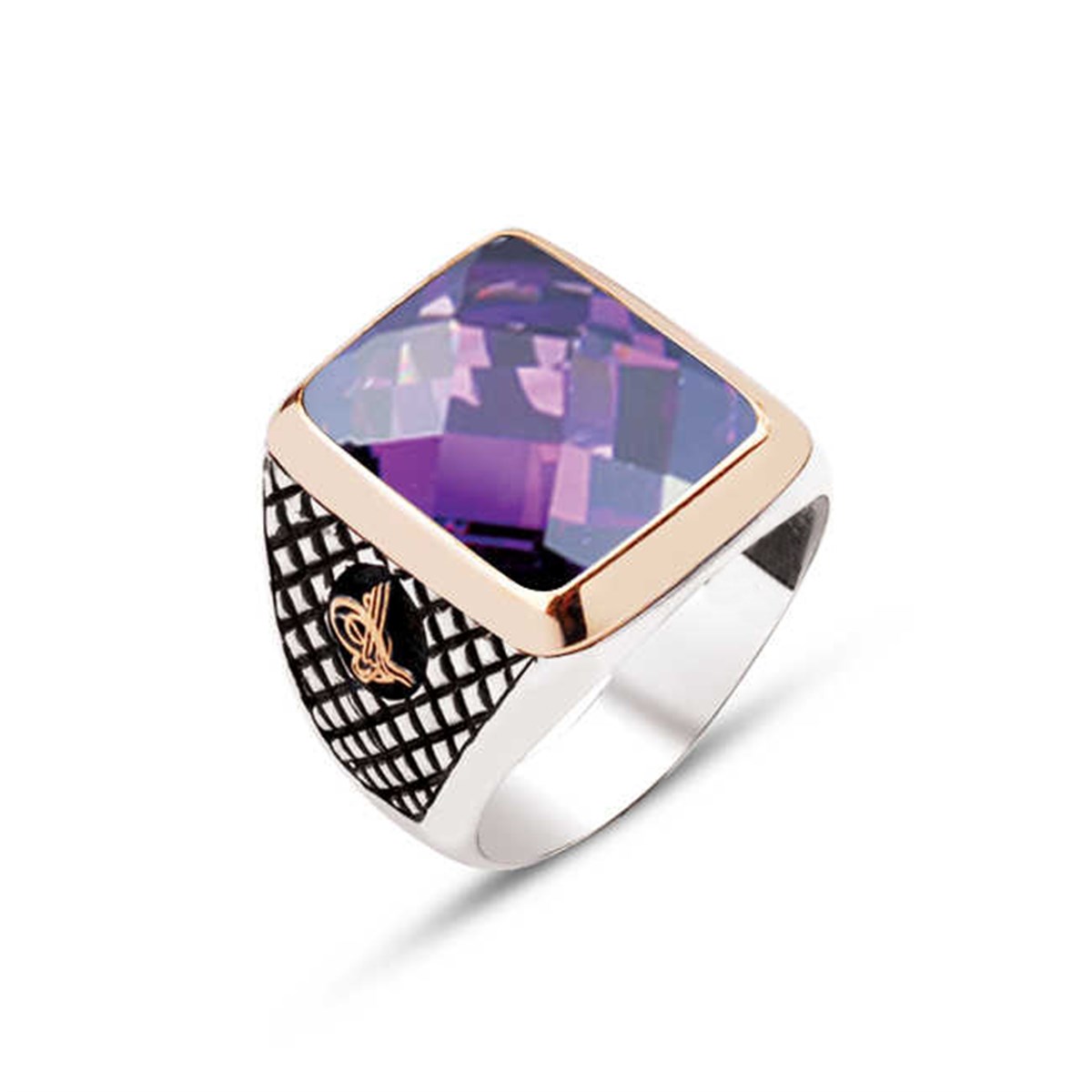 Silver Faceted Amethyst Stone Tugra Men's Ring