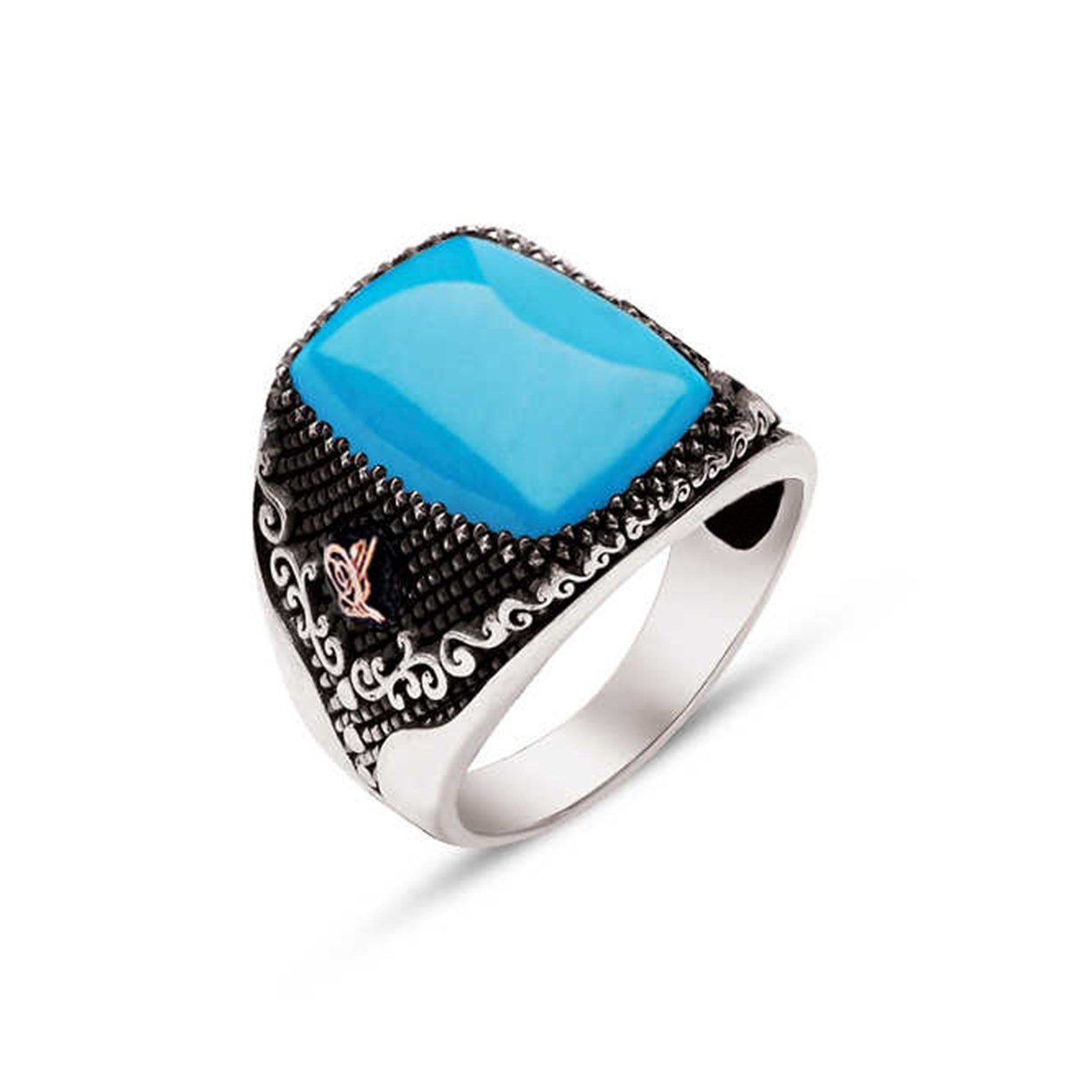 Sterling Silver Turquoise Stone Side Tugra Men's Ring