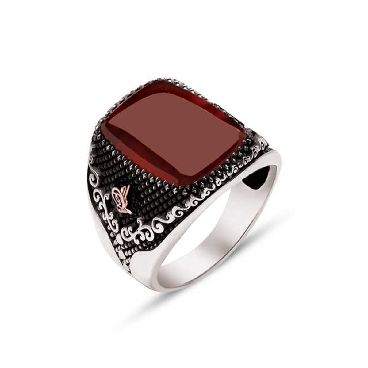 Silver Agate Stone Side Tugra Men's Ring