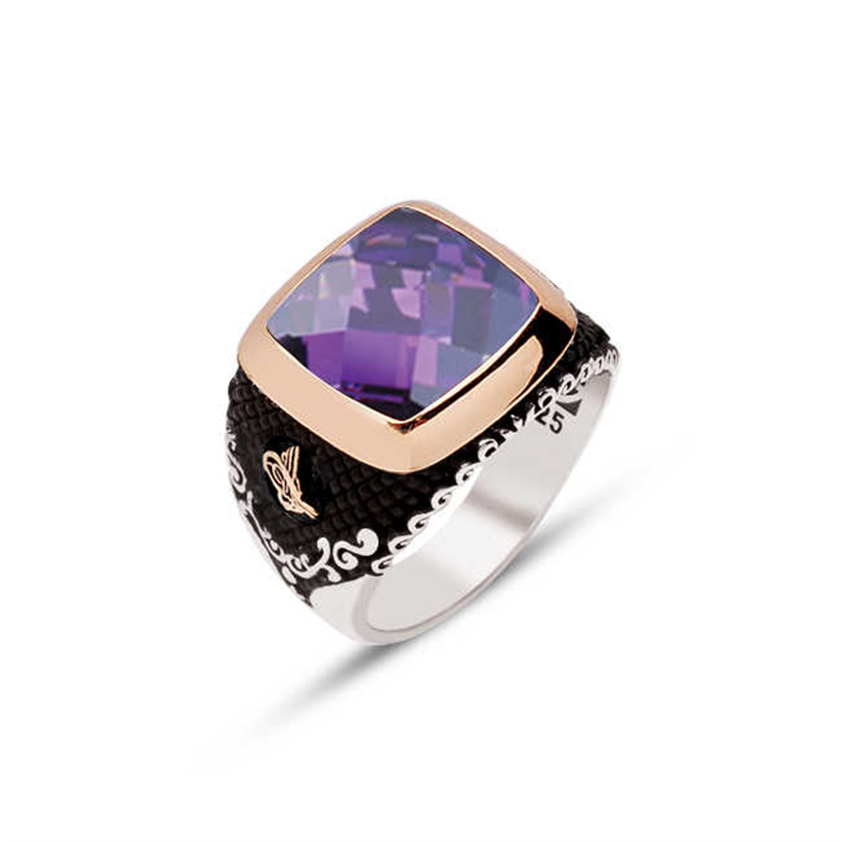 Silver Faceted Amethyst And Zircon Stone Tugra Men's Ring