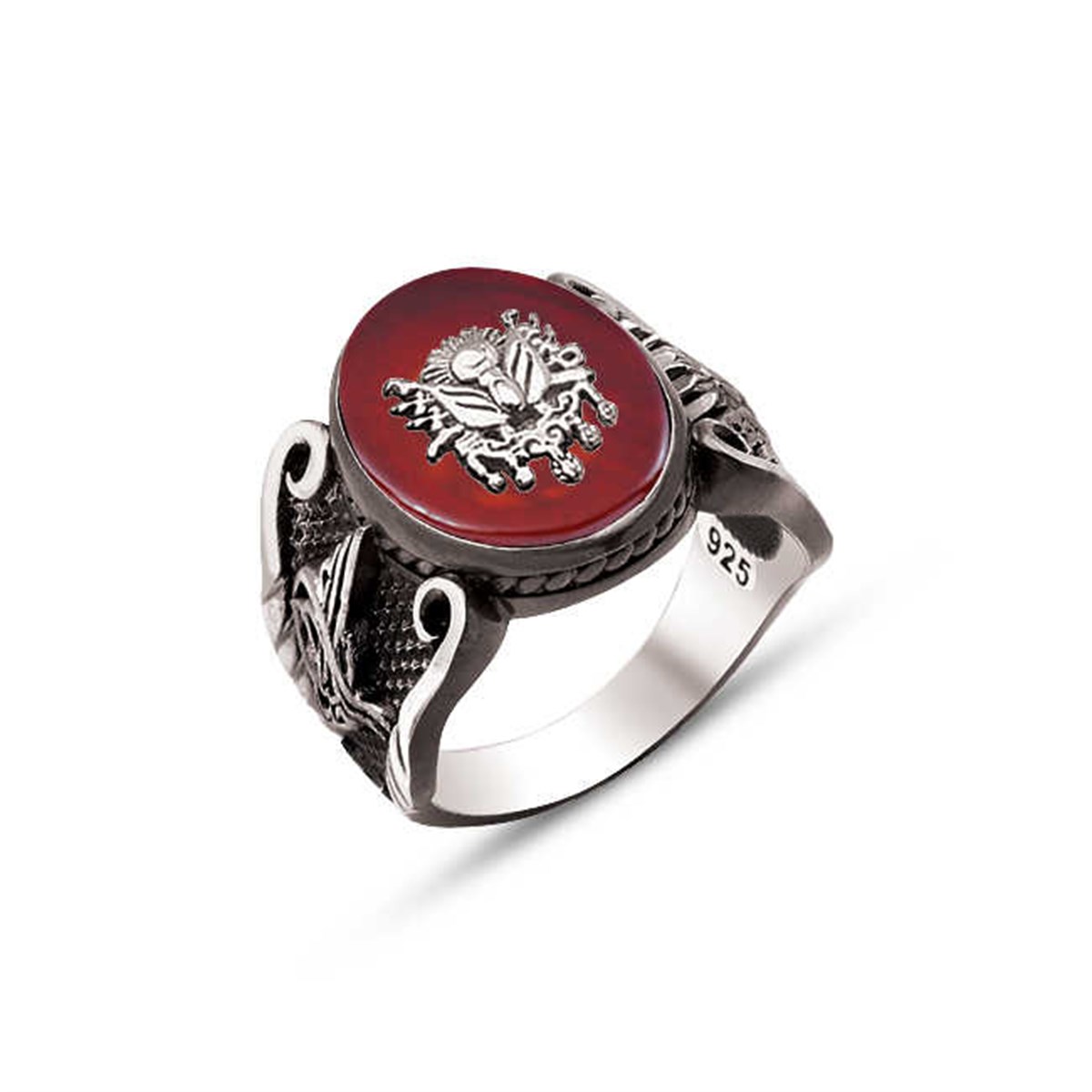 Silver Agate Stone Top Crest Men's Ring