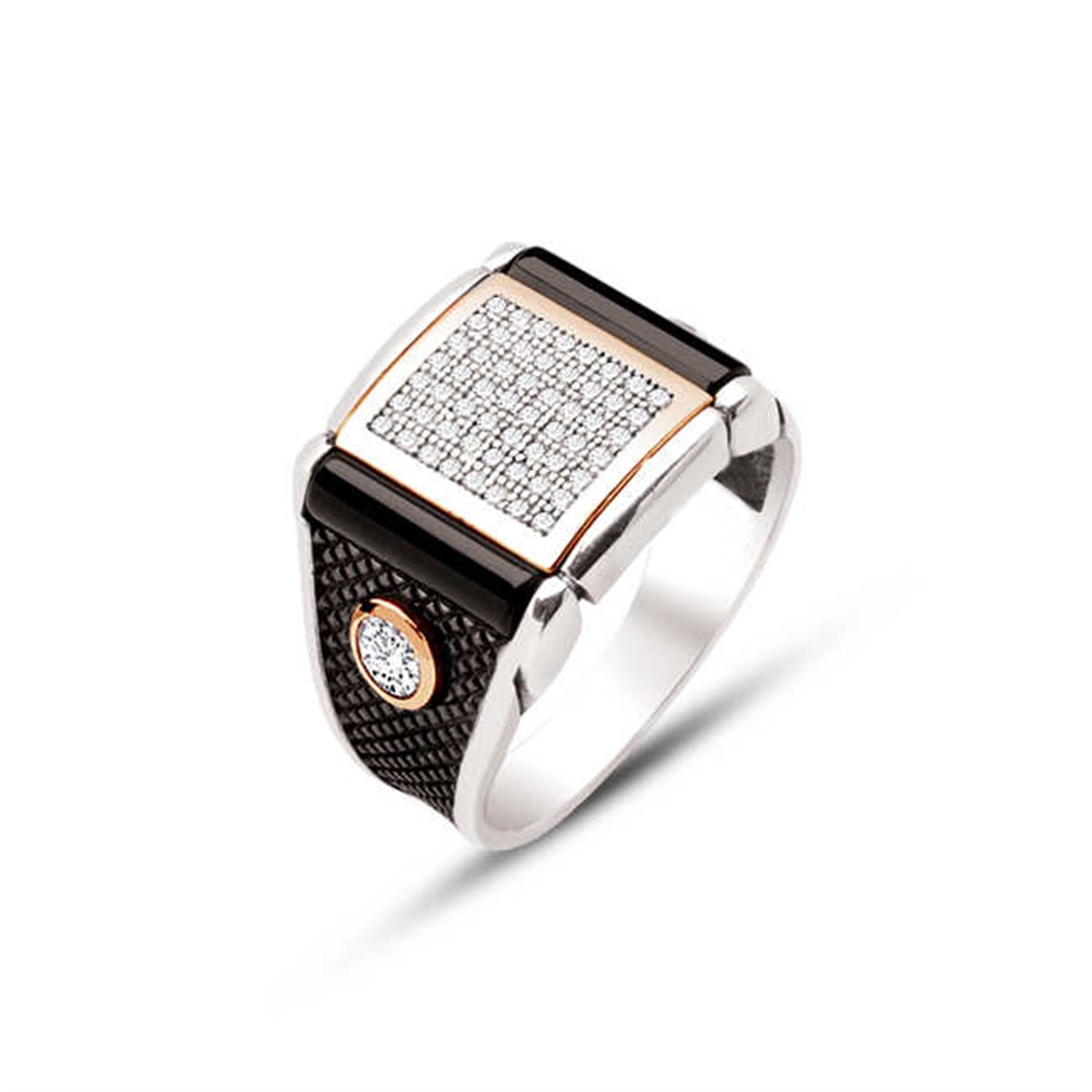 Silver White Zircon Embroidered Detailed Men's Ring
