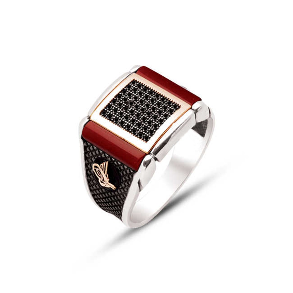 Silver Black Zircon Embroidered Detailed Men's Ring