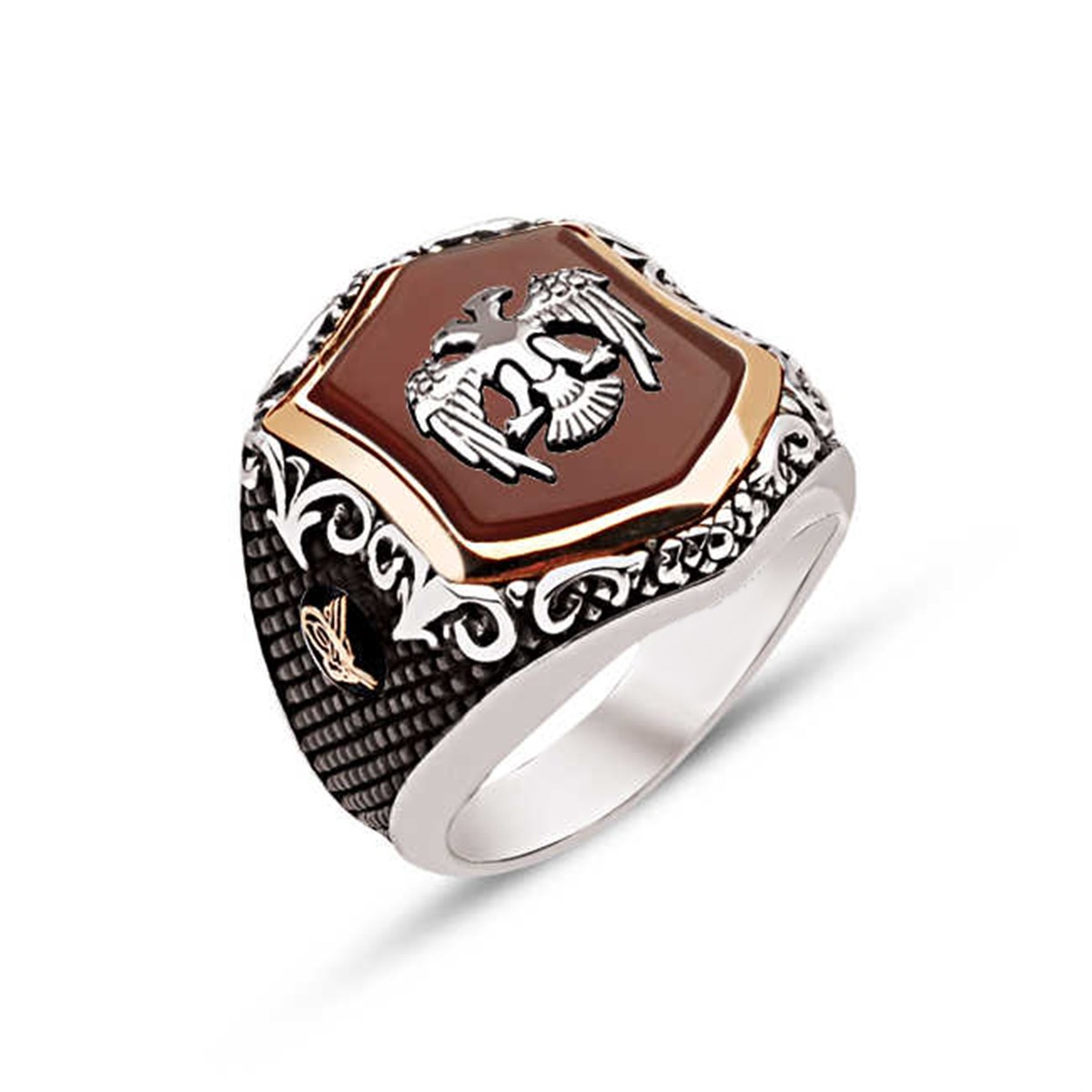 Silver Special Cut Agate Stone Tugra Embroidered Men's Ring