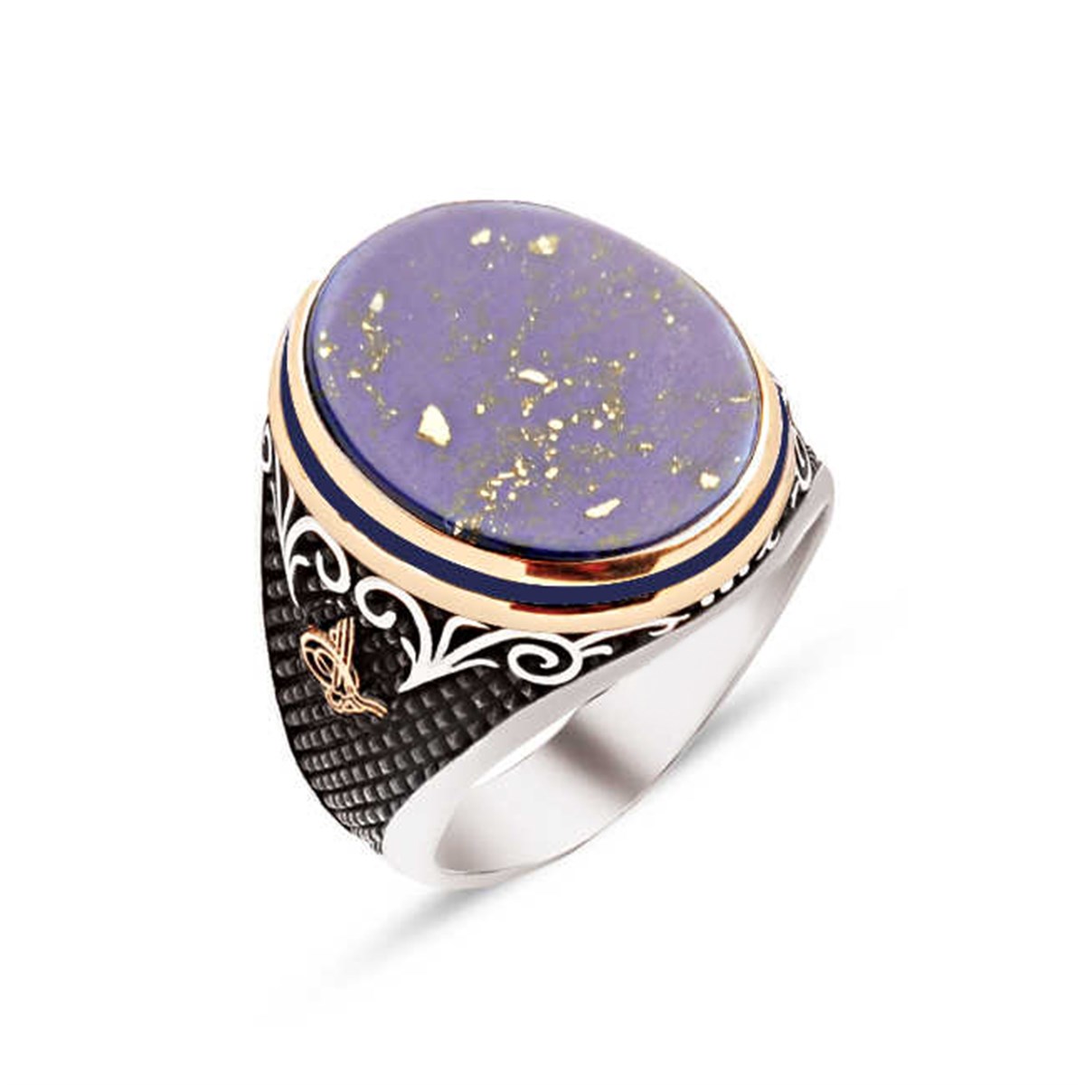 ​Silver Special Cut Squeezed Lapis Stone Embroidered Men's Ring