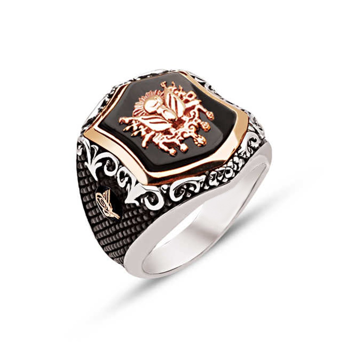 Silver Special Cut Onix Stone Tugra Embroidered Men's Ring