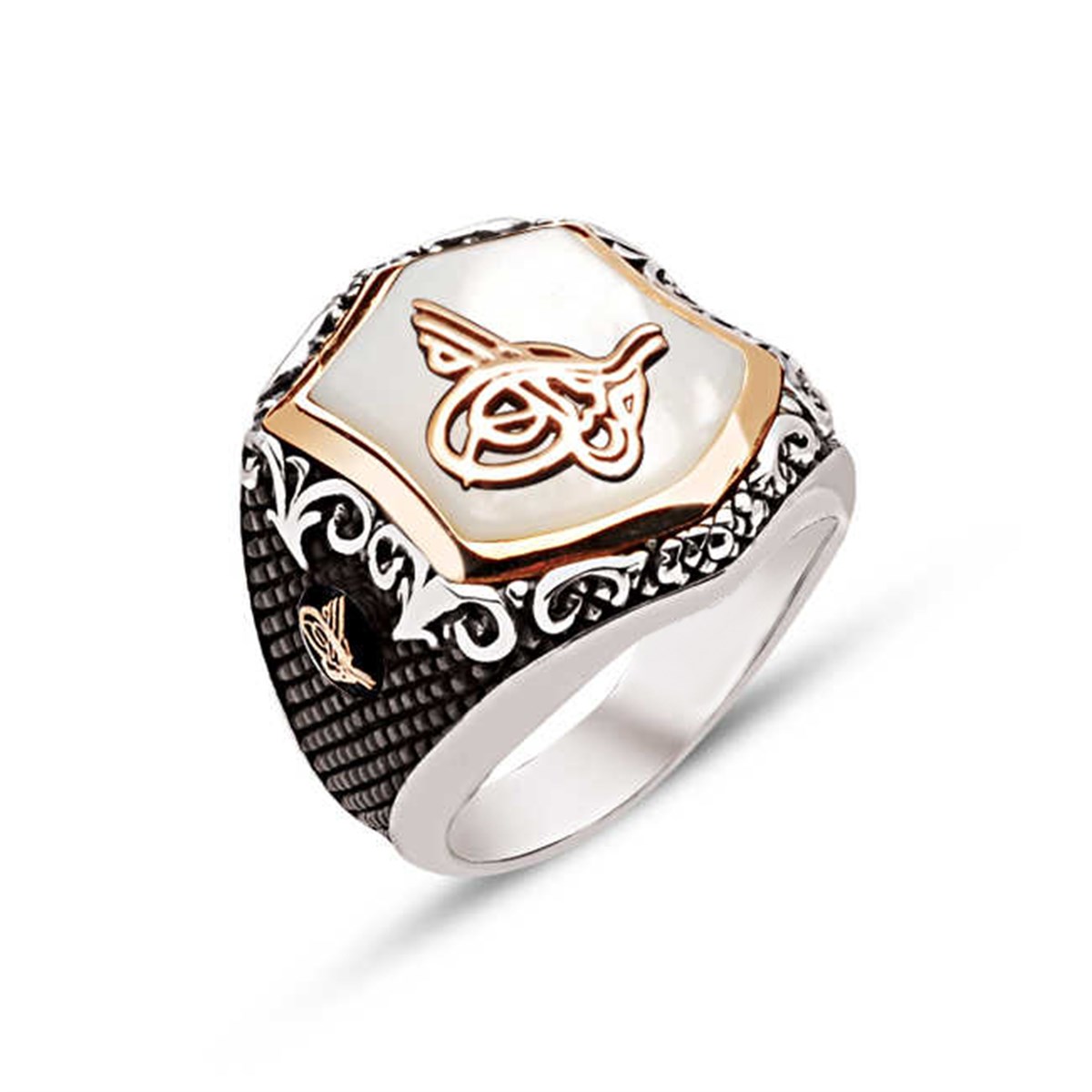 Silver Special Cut Mother of Pearl Stone Tugra Embroidered Men's Ring