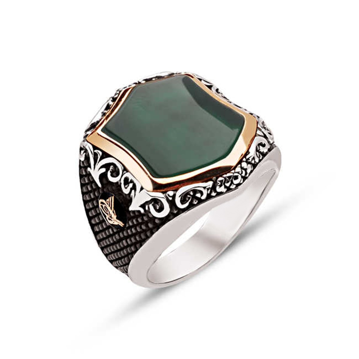 Silver Special Cut Green Agate Stone Side Tugra Men's Ring