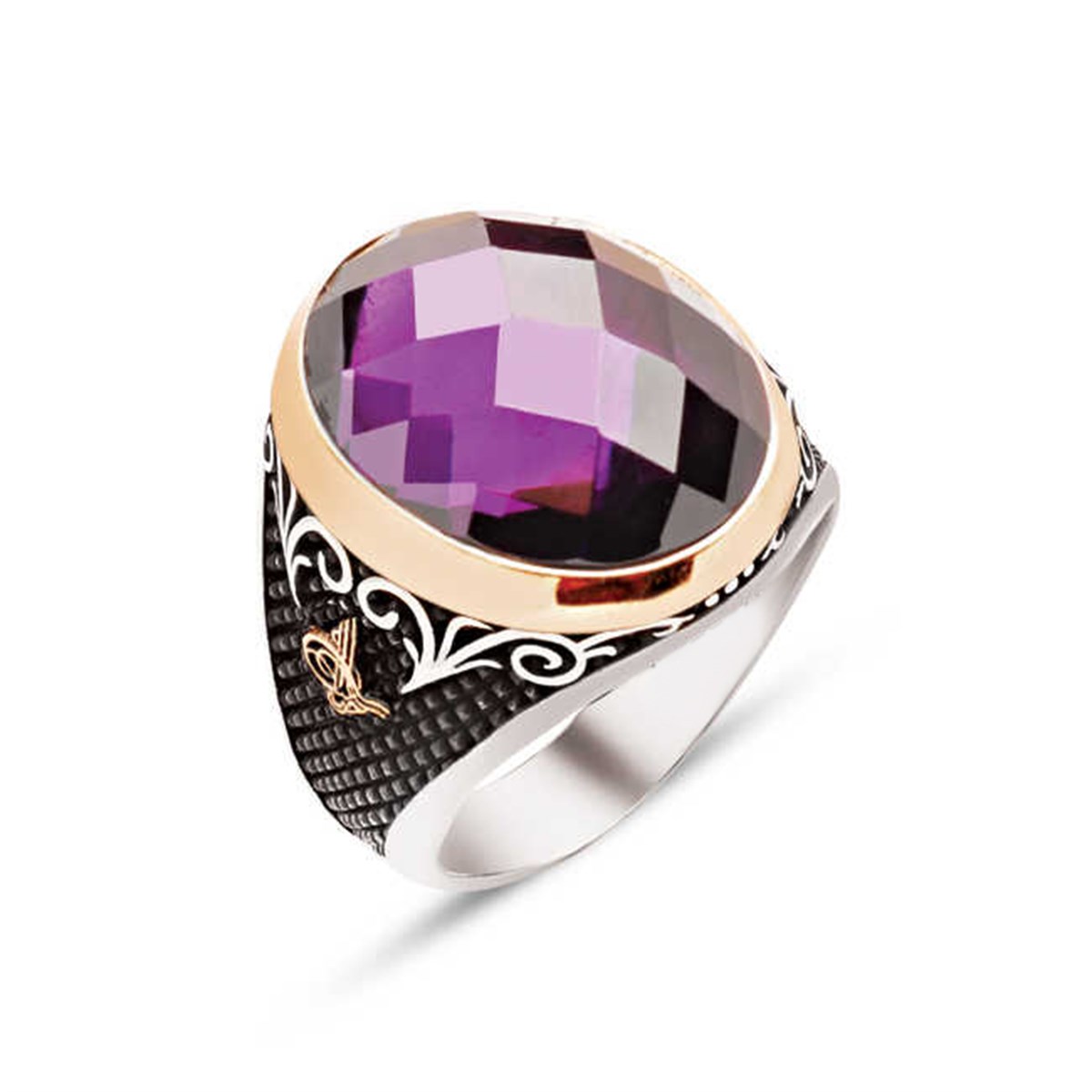 Silver Special Cut Amethyst Stone Embroidered Men's Ring