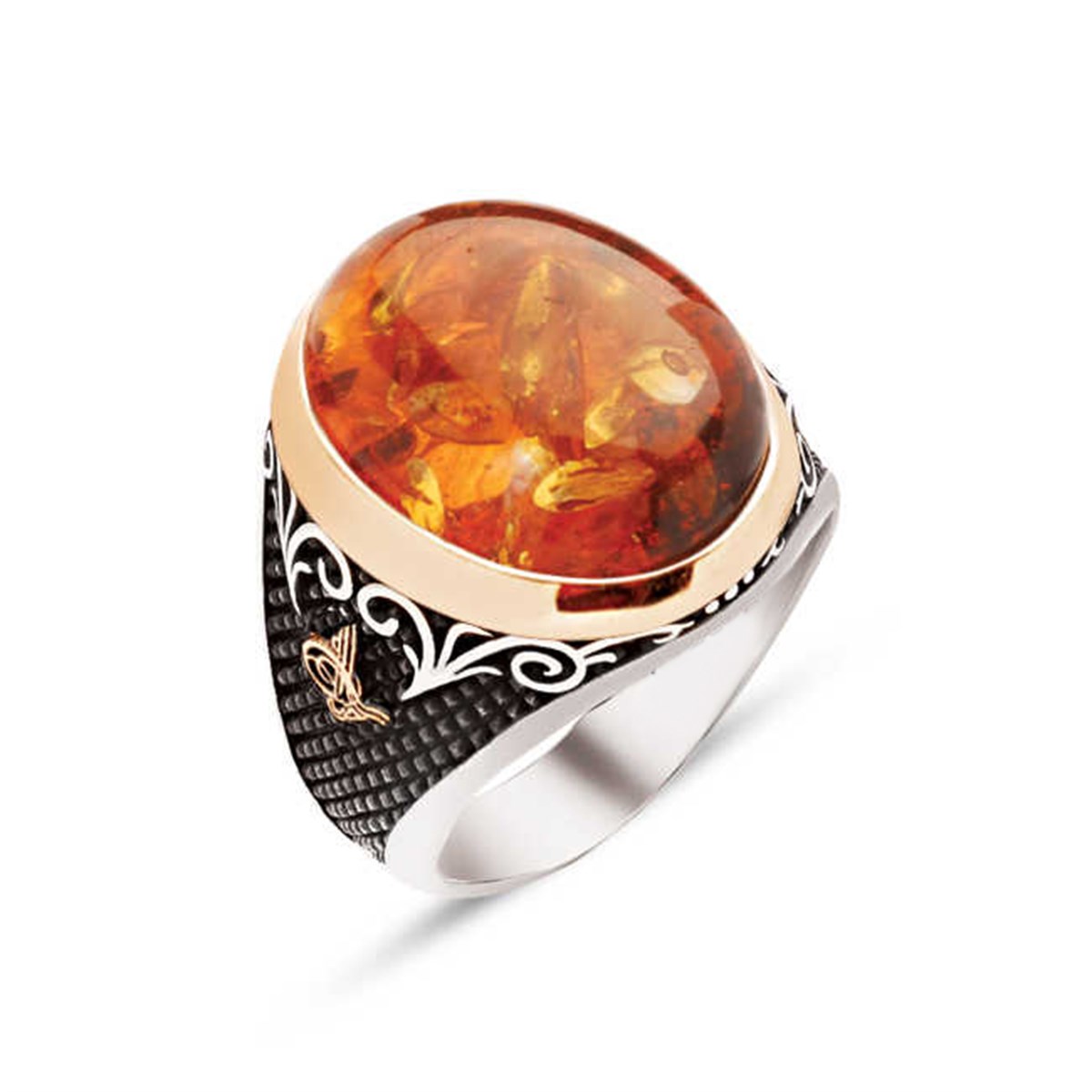 ​Silver Special Cut Synthetic Amber Stone Tugra Embroidered Men's Ring