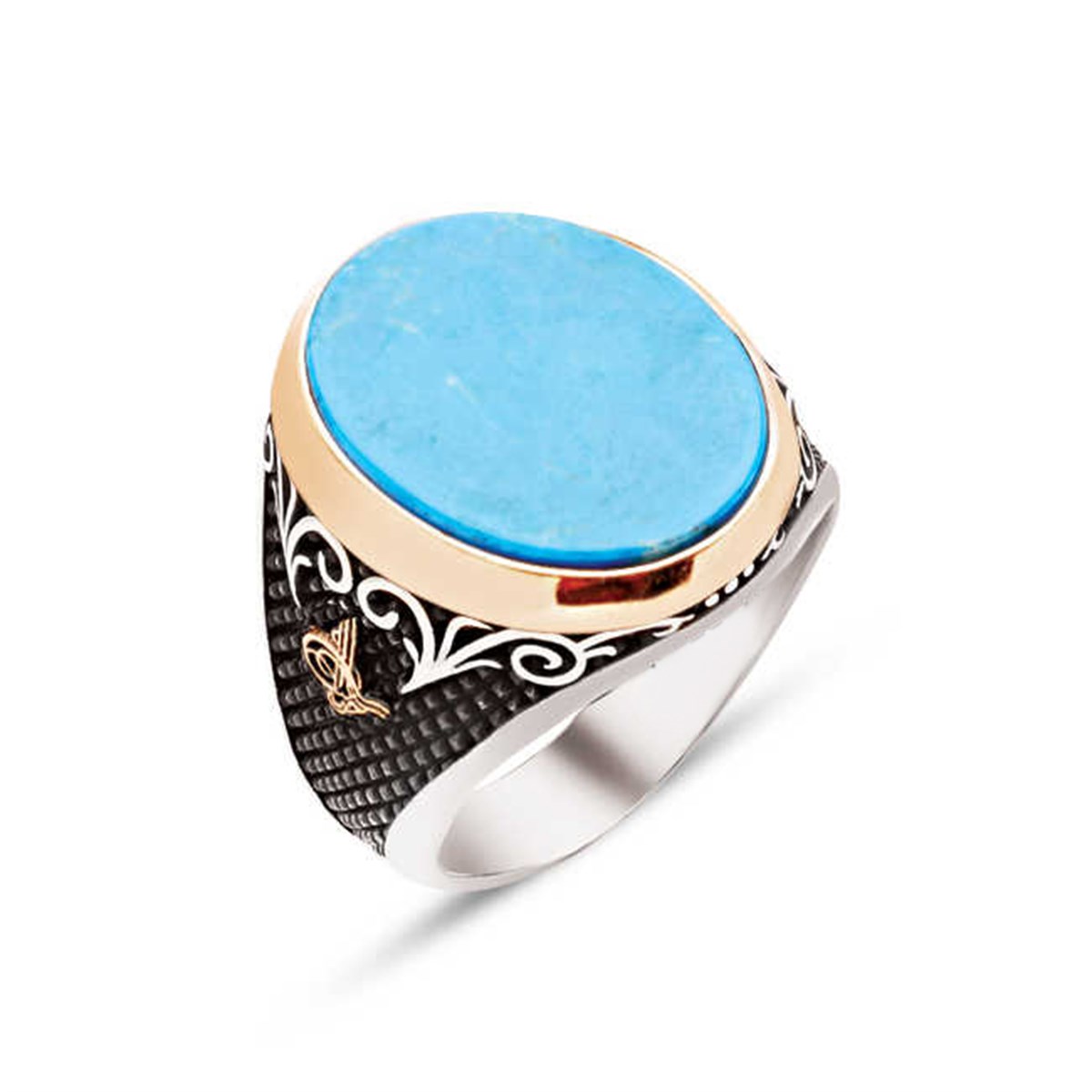 ​Silver Special Cut Turquoise Stone Tugra Men's Ring
