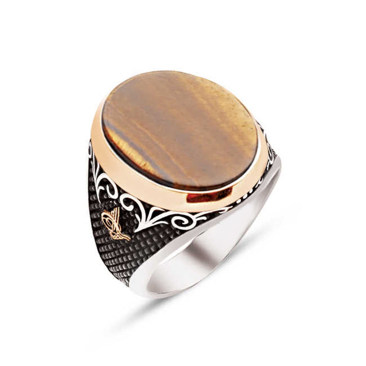 ​Silver Special Cut Tiger's Eye Stone Tugra Men's Ring