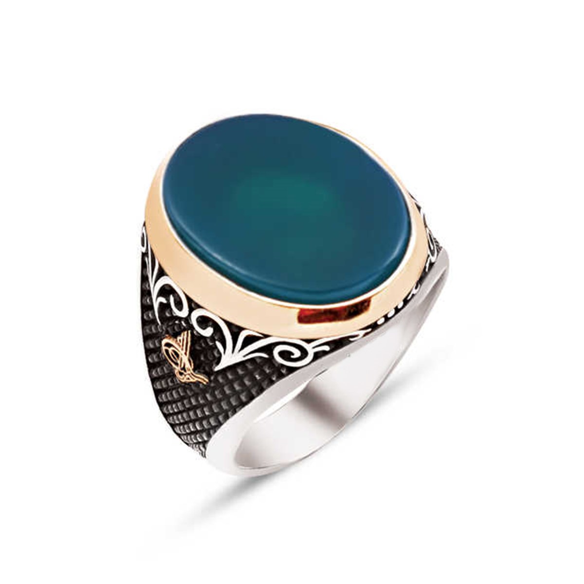 Silver Special Cut Green Agate Stone Tugra Embroidered Men's Ring