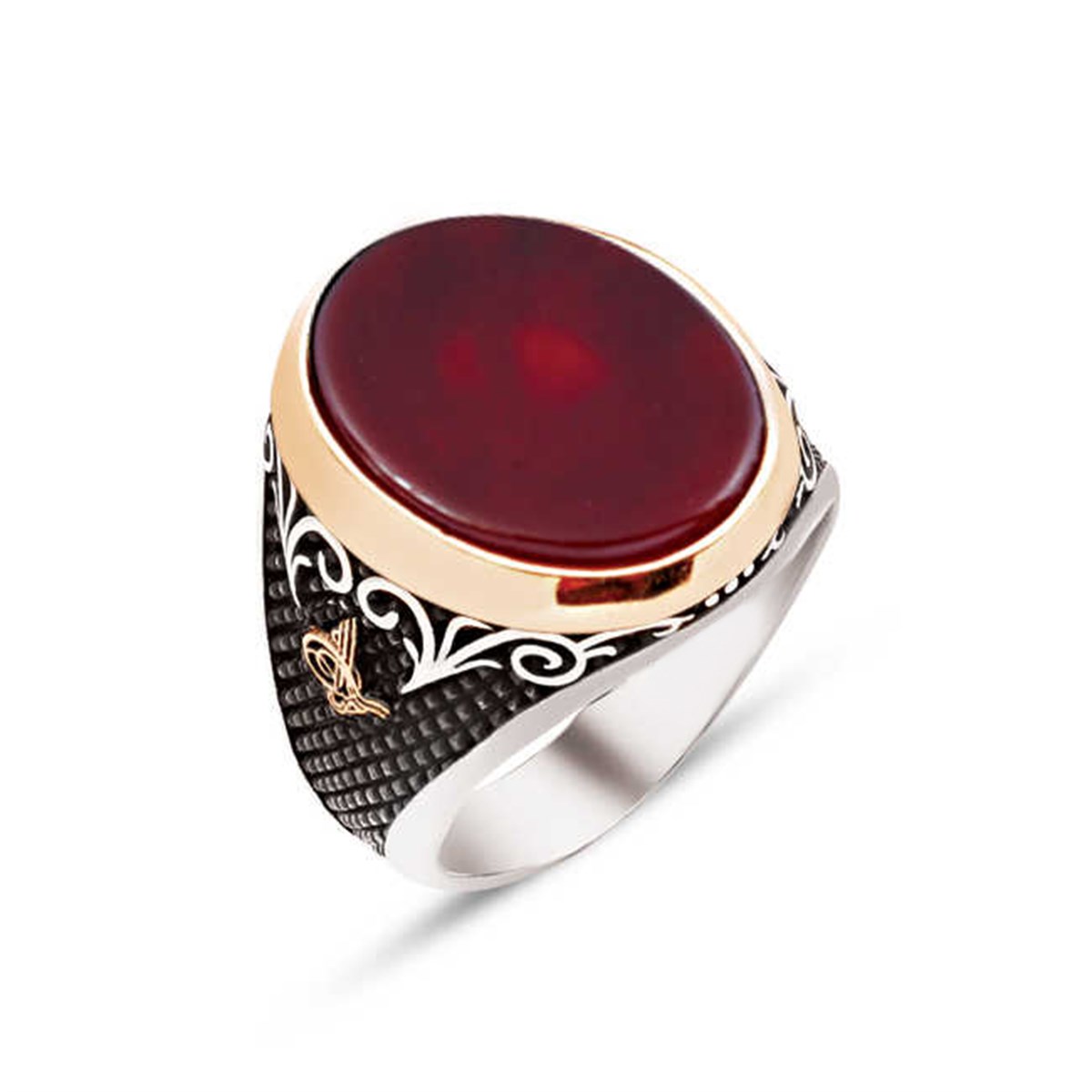 ​Silver Special Cut Agate Stone Tugra Embroidered Men's Ring