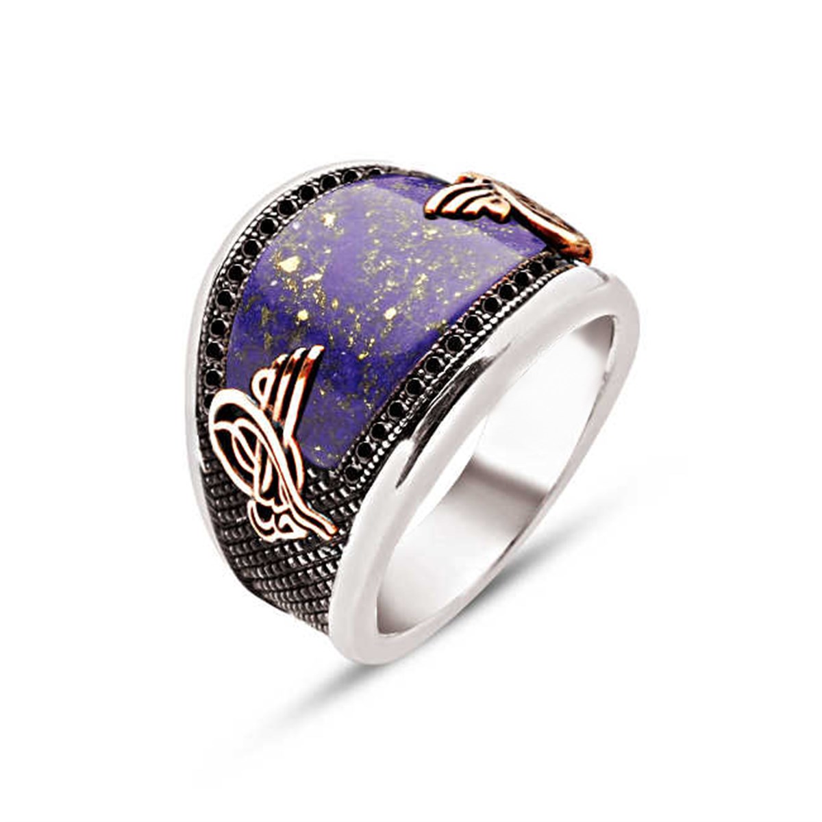 ​Silver Special Cut Lapis Embroidered Men's Ring