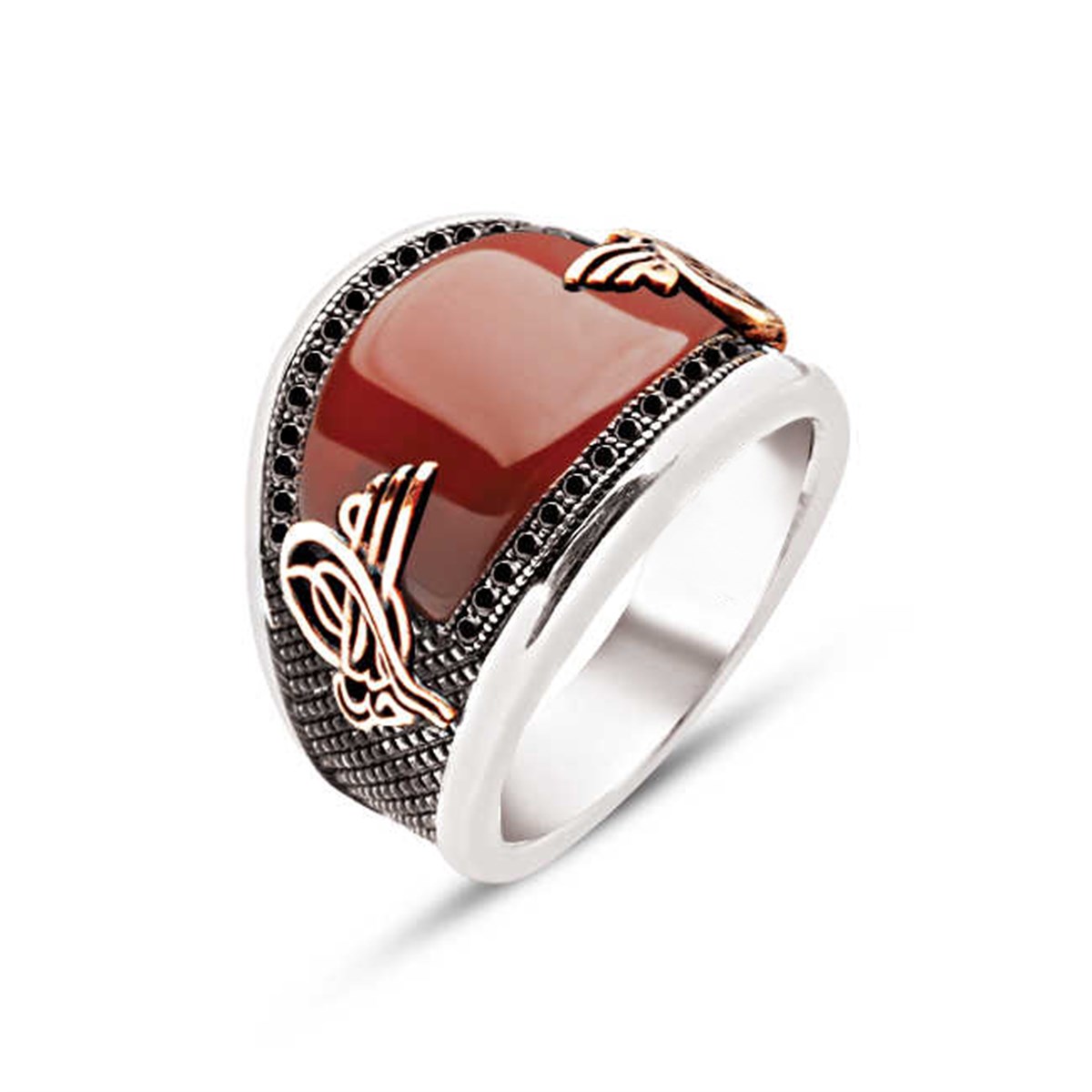 ​Silver Special Cut Agate Stone Tugra Men's Ring