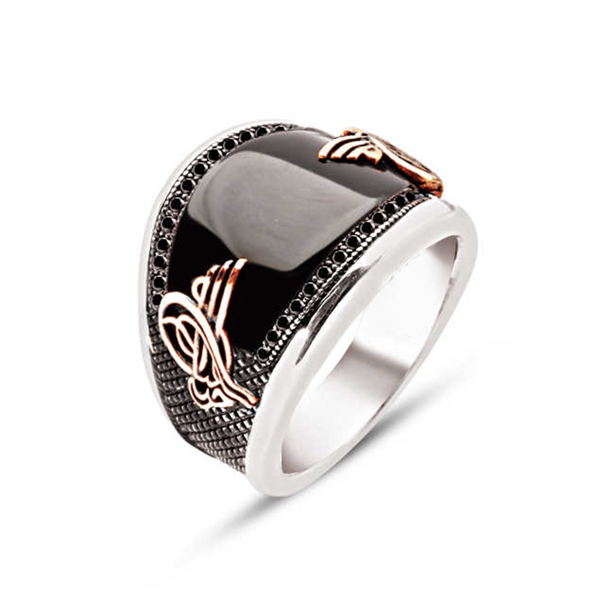 Silver Special Cut Onix Edge Black Zircon Embroidered Men's Ring