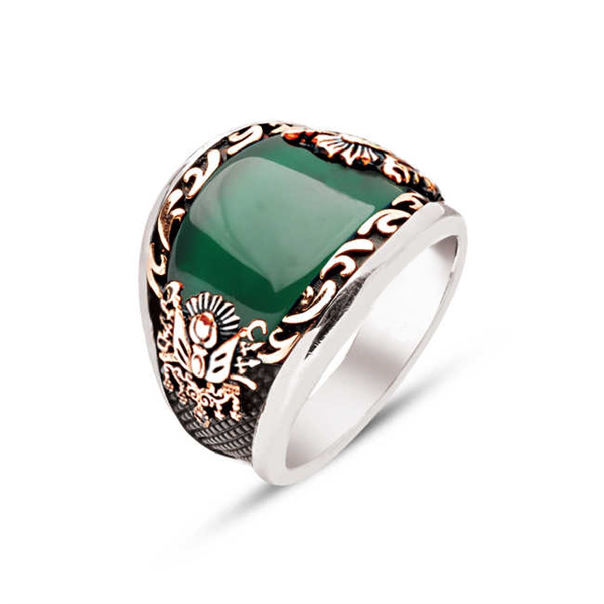 ​Silver Special Cut Green Agate Edge Embroidered Men's Ring