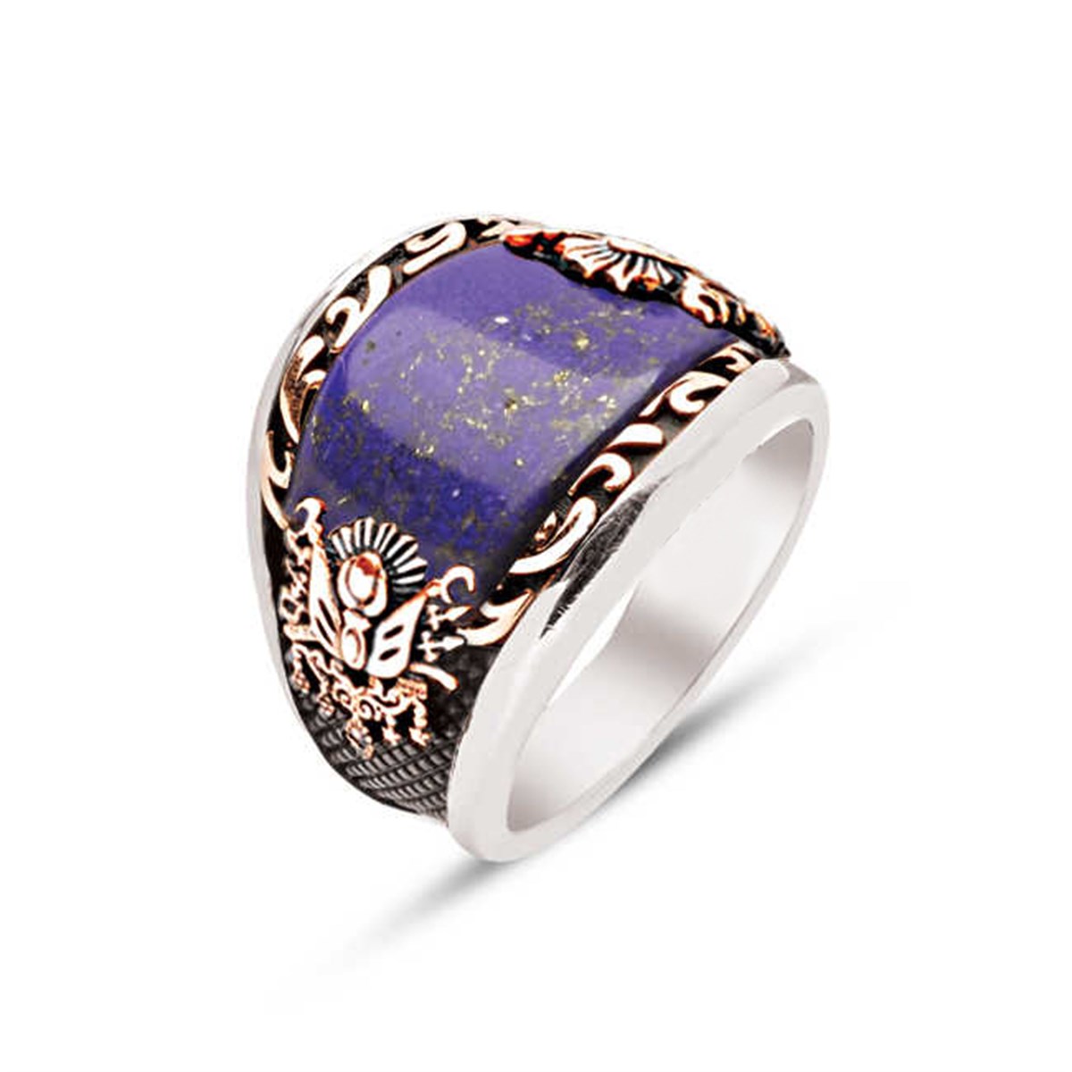 ​Silver Special Cut Clamped Lapis Edge Embroidered Crest Men's Ring