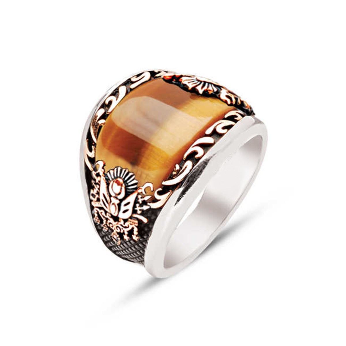 ​Silver Special Cut Tiger Eye Stone Embroidered Men's Ring