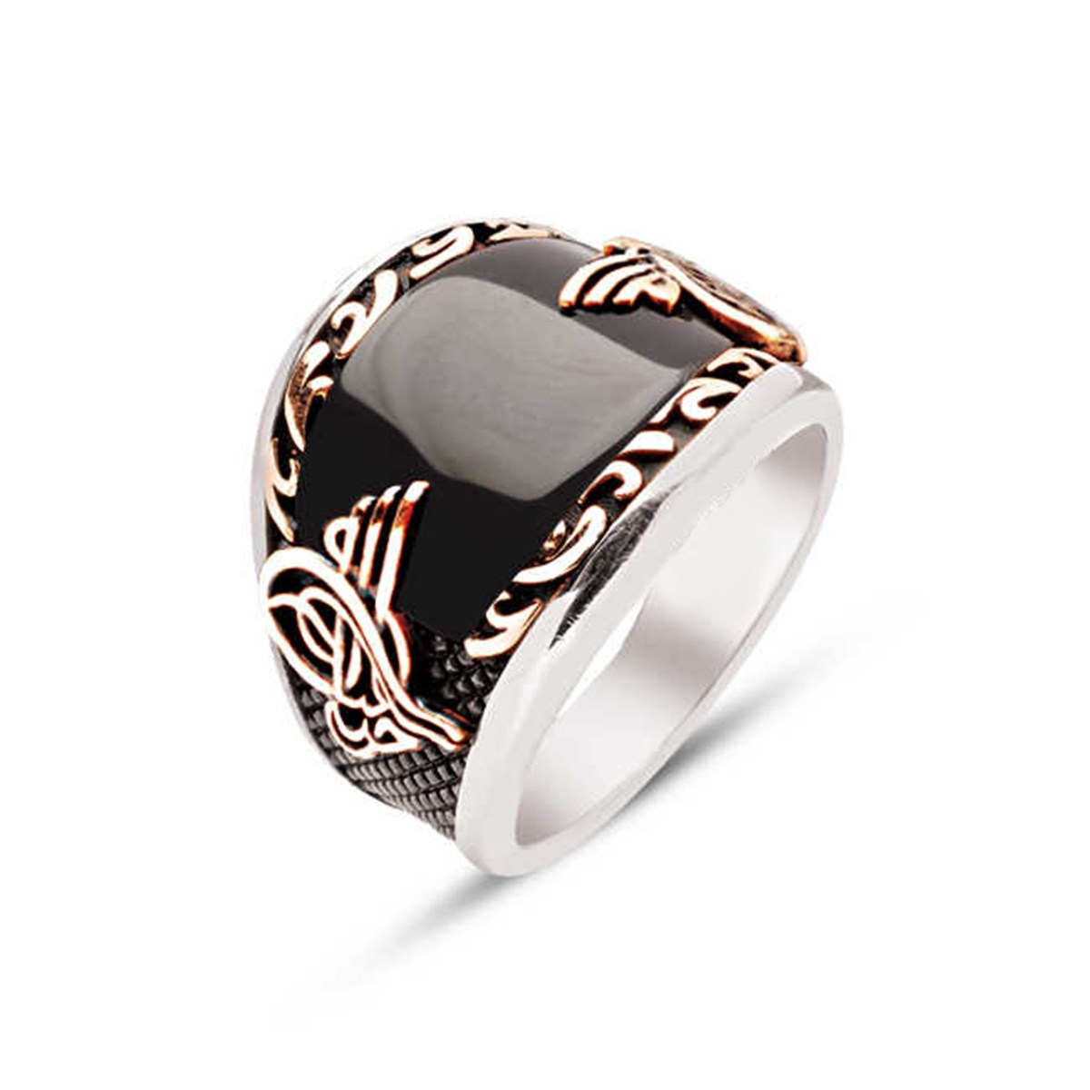 ​Silver Special Cut Onix Stone Embroidered Men's Ring