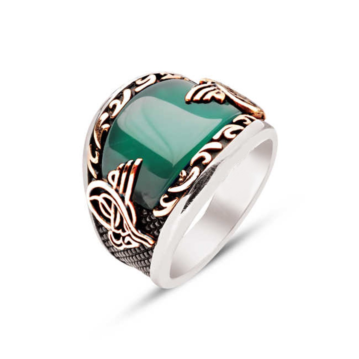​Silver Special Cut Green Agate Stone Embroidered Men's Ring
