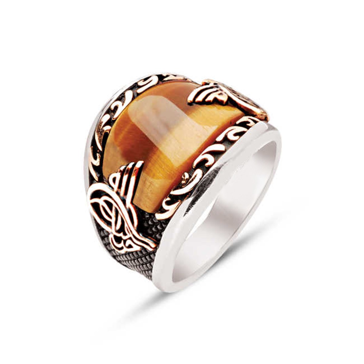 Sterling Silver Special Cut Tiger Eye Men's Ring with Embroidered Edges