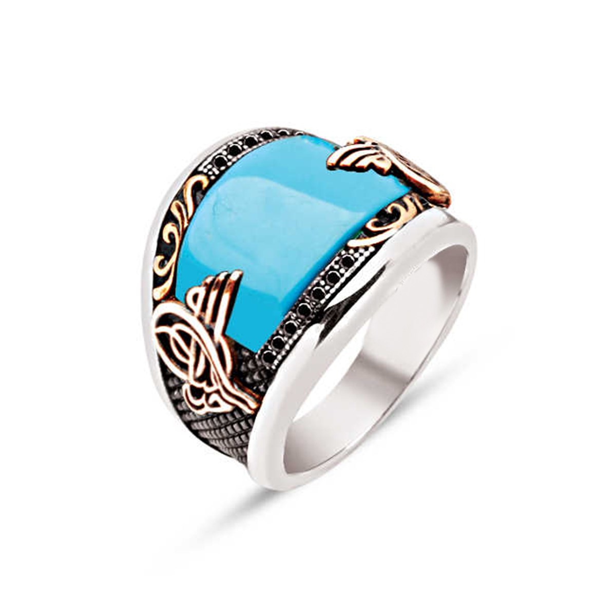 ​Silver Special Cut Tightening Turquoise Stone Zircon Embroidered Men's Ring