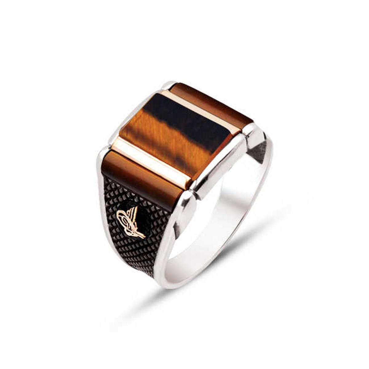Silver Special Cut Tiger's Eye Stone Tugra Men's Ring