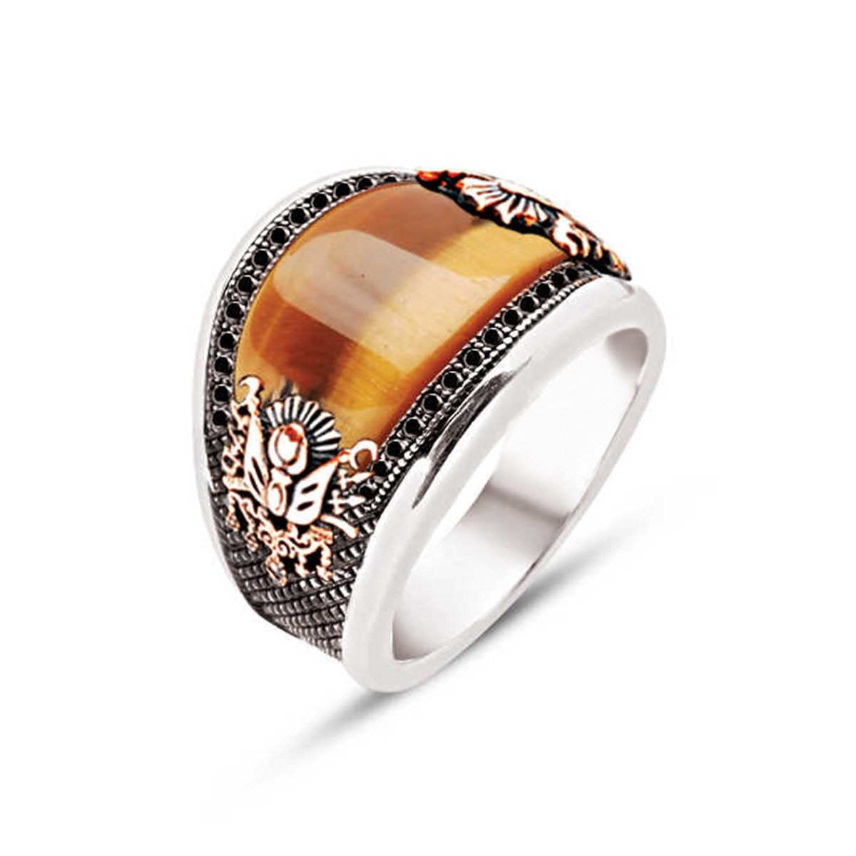 Sterling Silver Special Cut Tiger's Eye Stone Zircon Embroidered Men's Ring