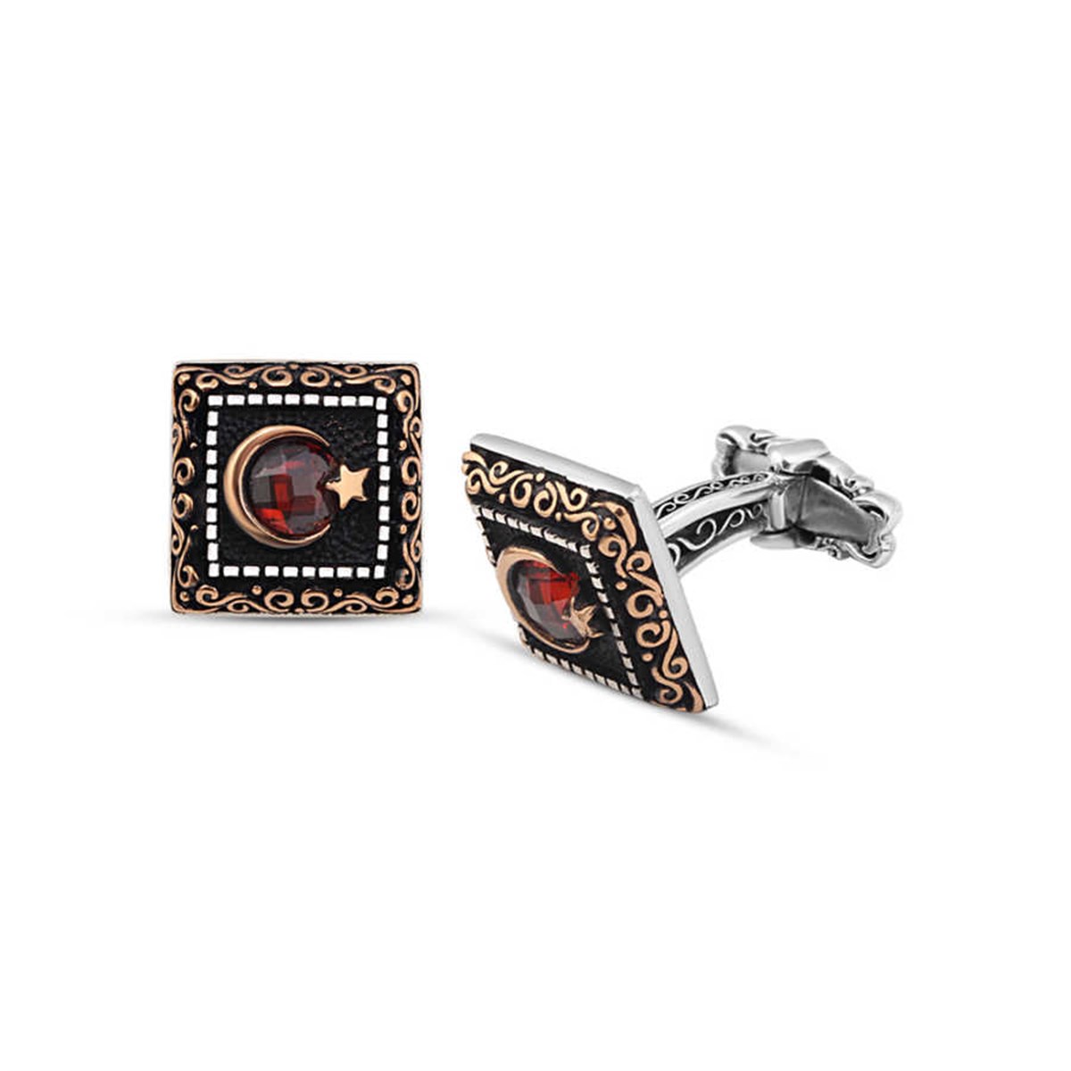Silver Crescent and Star Cufflink with Zircon Stone