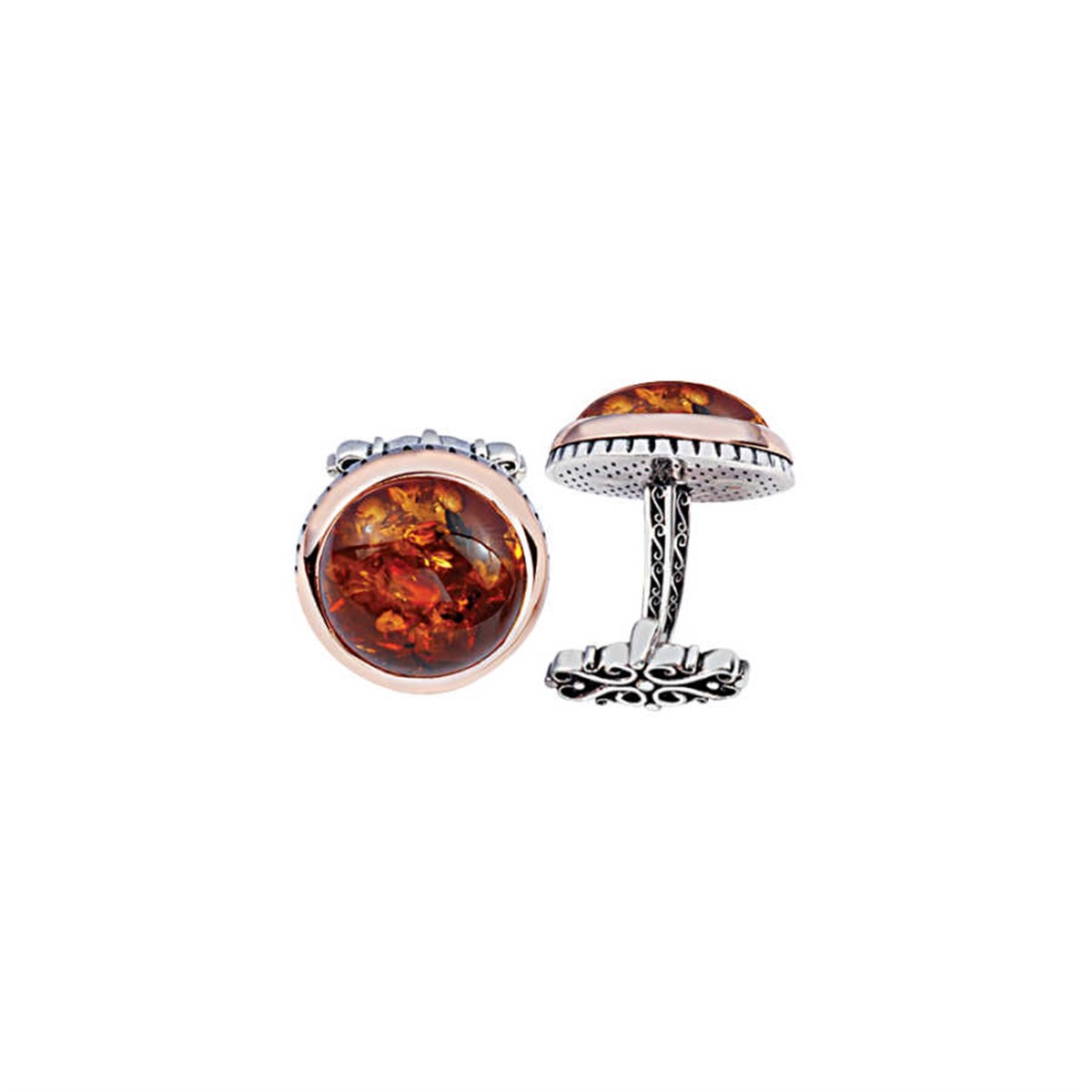 Silver Clamped Amber Stone Round Model Cufflinks