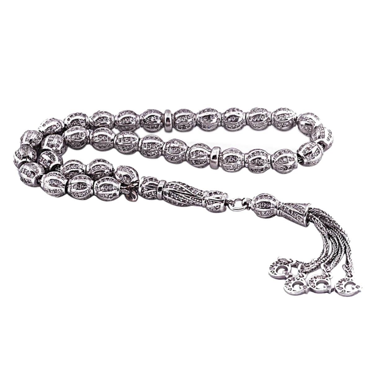 Silver Zircon Stone Moon Star Tassel Rosary