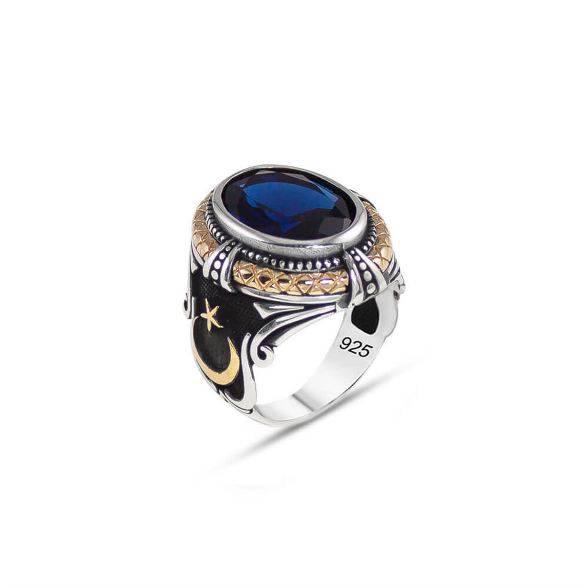 Blue Zircon Stone Embroidered Ayyıldız Sterling Silver Men's Ring